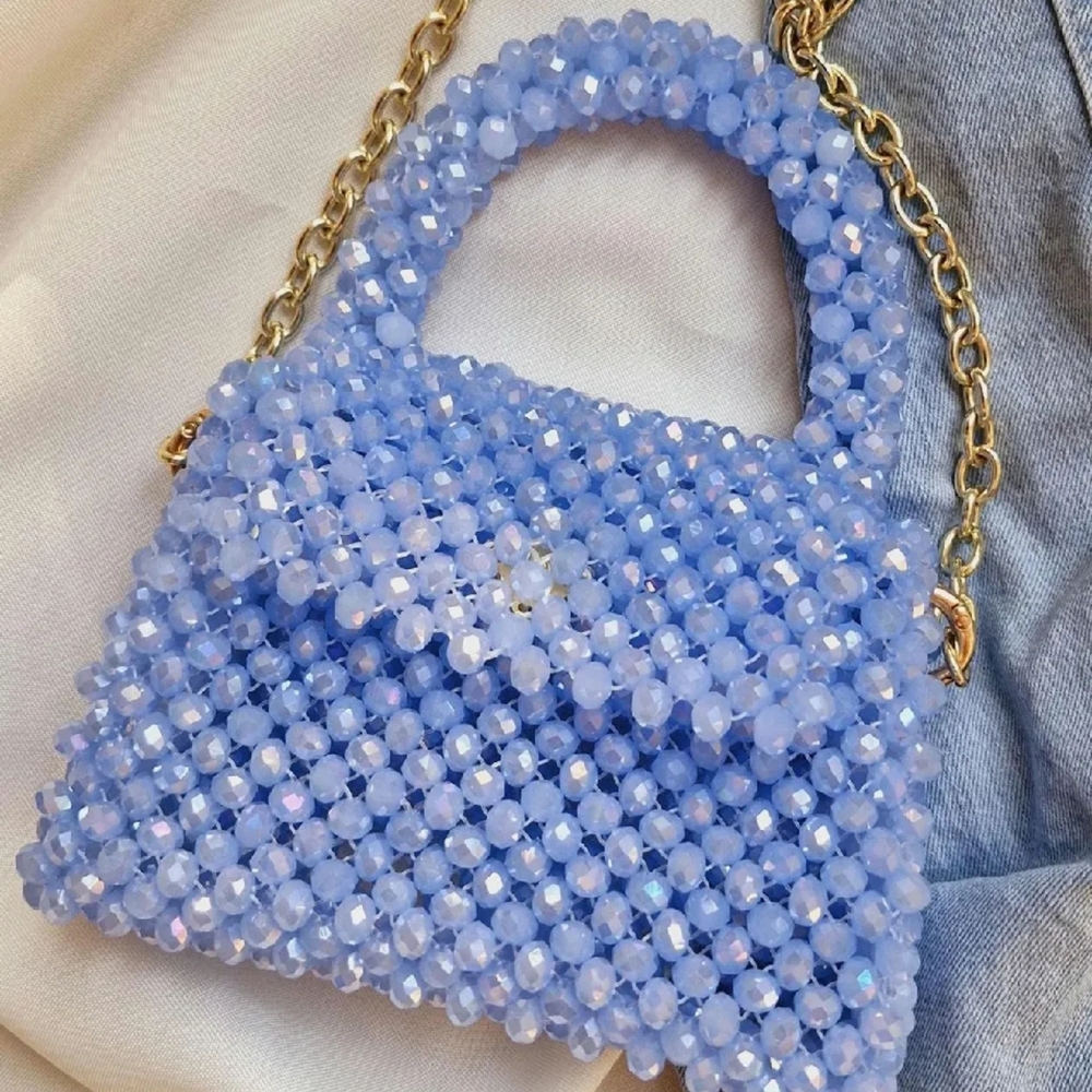 Elegant Light Blue Beaded Mini Bag